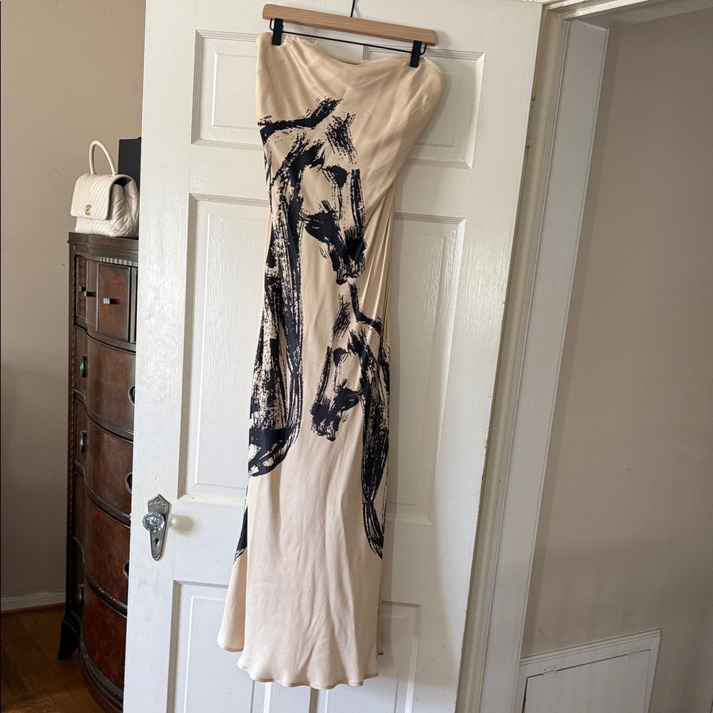 Anthropologie Beige Strapless Maxi Dress with Black Abstract Print
